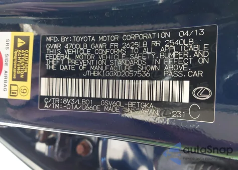 2013 Lexus Es 350 from USA, damaged, VIN JTHBK1GGXD2057536